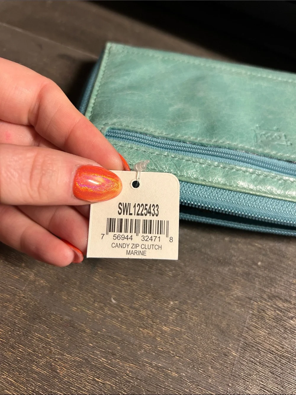 Fossil Leather Zippered Wallet in Dusty Mint Green